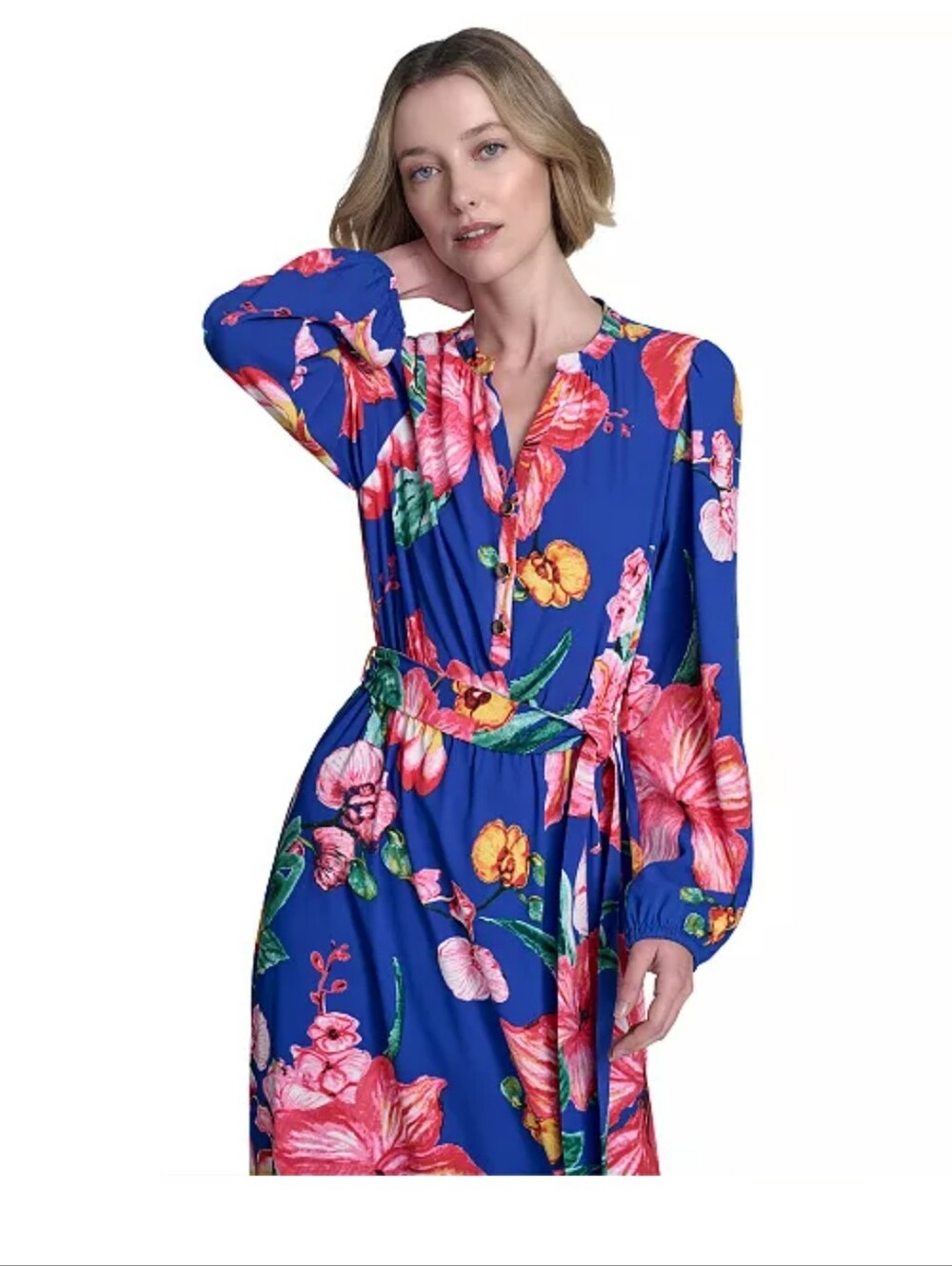 Halston Floral Maxi Dress Size 12 Blue Pink Long Sleeve Belted Vacation NWT - Picture 2 of 12